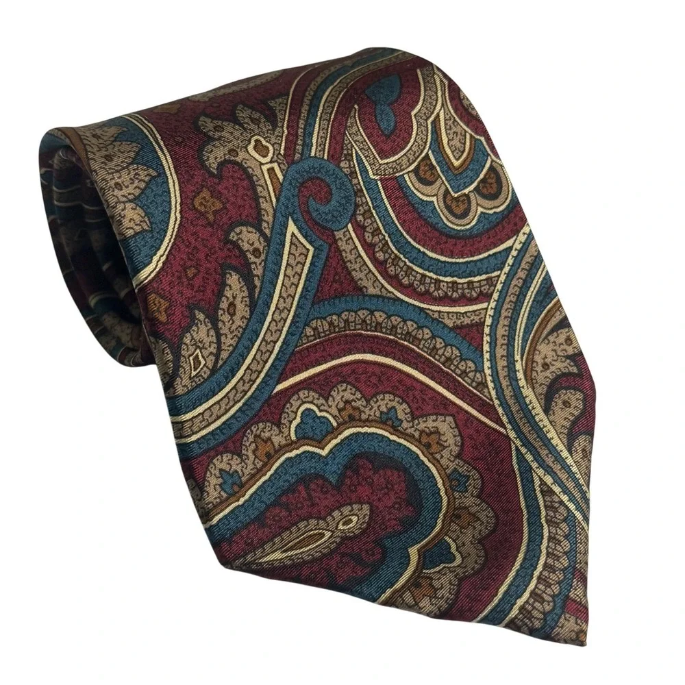 VTG Silk Accents Necktie Burgundy Blue Gold Paisley Formal Wedding Mens One Size